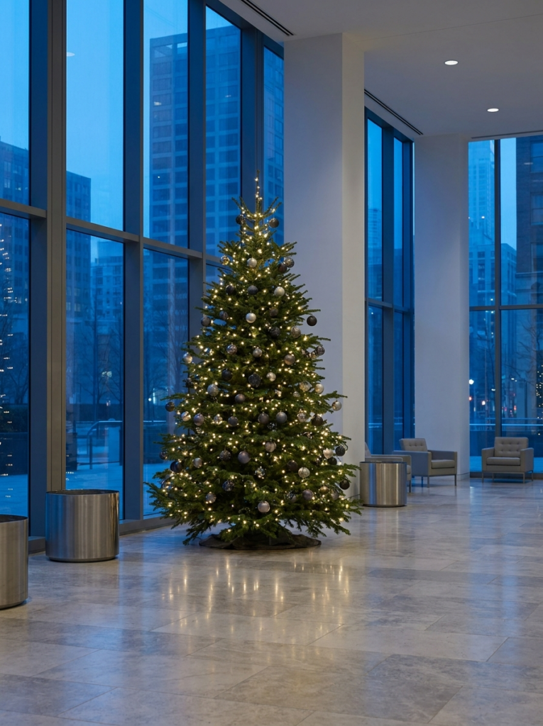 Corporate Christmas tree Dublin office Winter Light design concept Nordmann fir